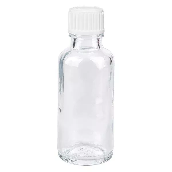 Lékárenská lahvička čirá 30ml šroubovací uzávěr bílá standardní