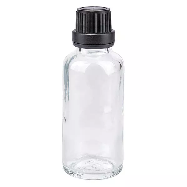 Lékárenská láhev čirá 30ml kapací uzávěr s nalévacím kroužkem 2mm černý tamper-evidentní uzávěr