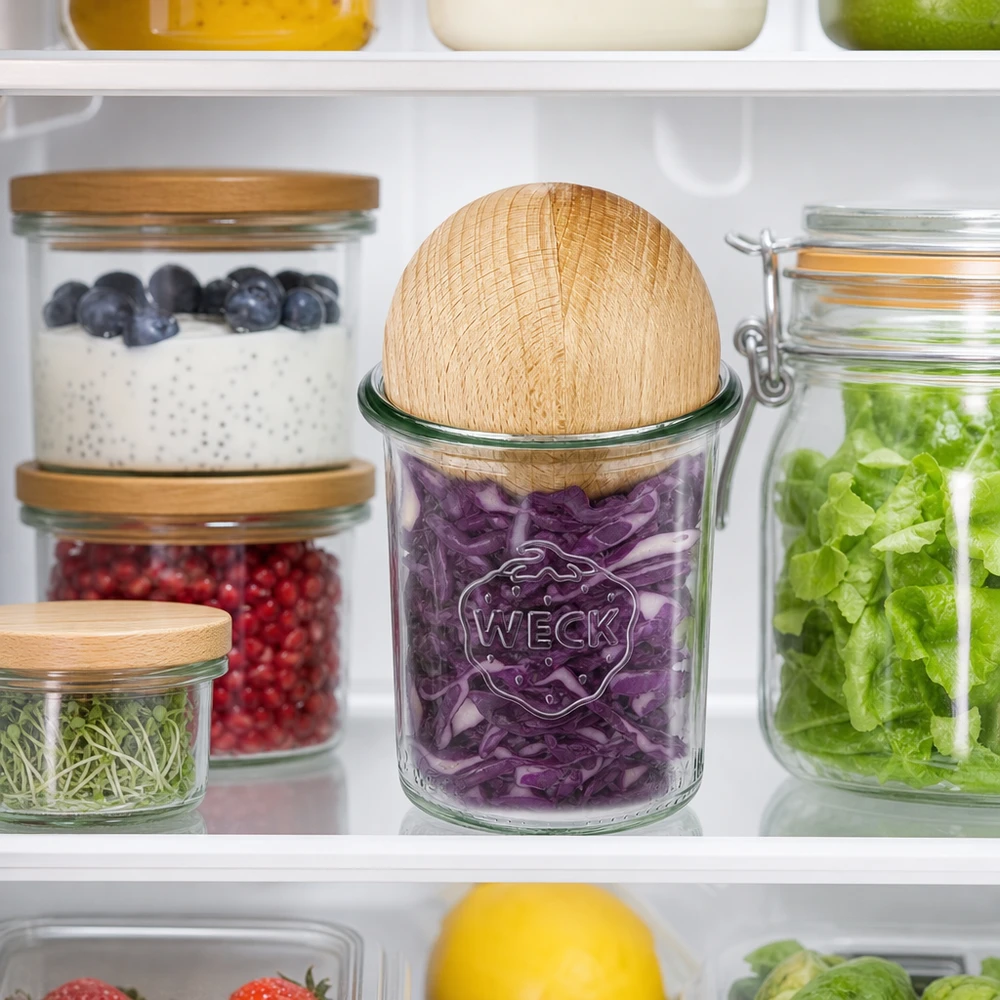 160ml kelímky WECK RR60 s dřevěnou kuličkou buk WECK Sturzglas RR60 160ml mit Holzkugel Buche im Kühlschrank zur Aufbewahrung von lila Kraut neben anderen Vorratsgläser