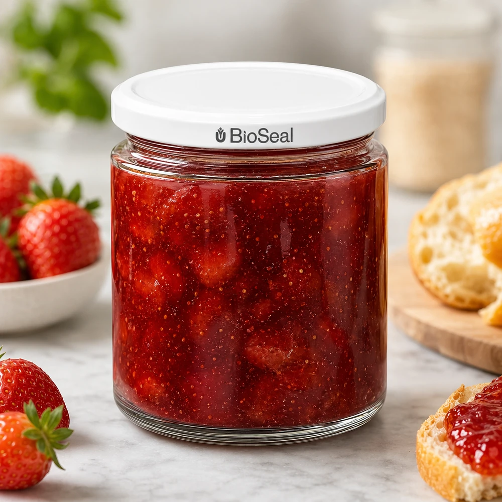 250ml Honigglas BioSeal UNiTWIST gefüllt mit hausgemachter Erdbeermarmelade serviert mit frischen Erdbeeren und Brötchen