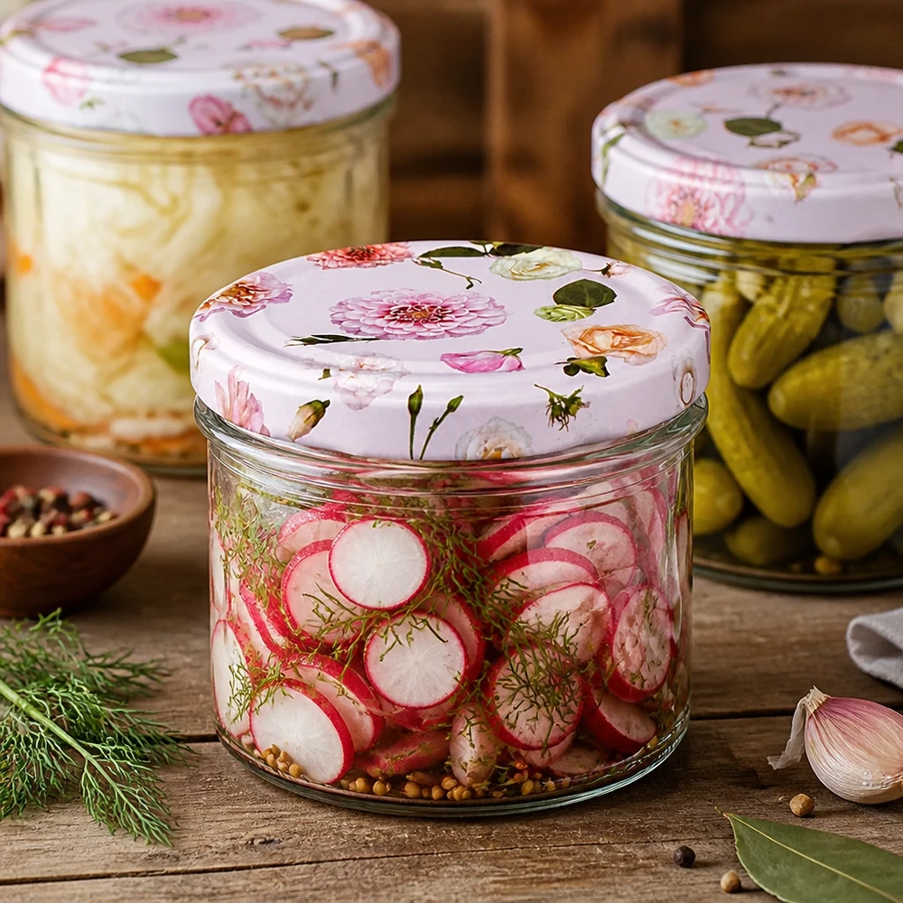 225ml kelímky + víčko BasicSeal flower pink UNiTWIST 225ml Sturzglas mit floralem Deckel zum Einmachen von Gemüse und Pickles - Fermentation und Konservierung