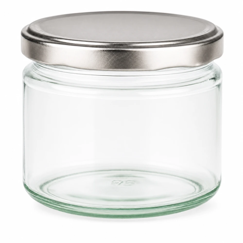 330ml Rundglas mit silbernem BasicSeal Deckel leer auf weißem Hintergrund Einmachglas Vorratsglas