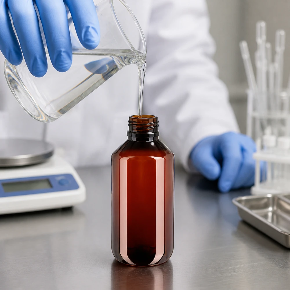 Laborant plní v farmaceutické laboratoři hnědou PET láhev o objemu 200 ml s bílým bezpečnostním uzávěrem