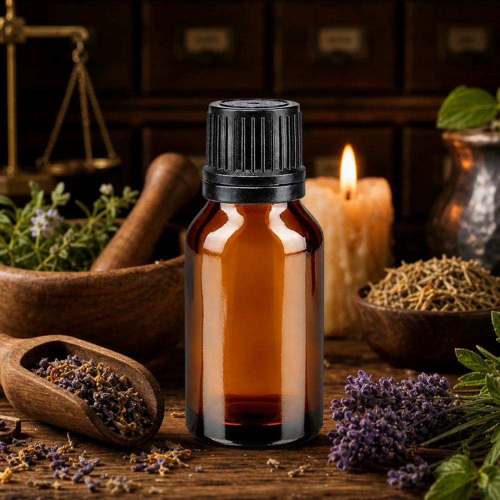 UV-Schutz Braunglasflasche 15ml Tropfverschluss schwarz neben Apothekerwaage und Mörser