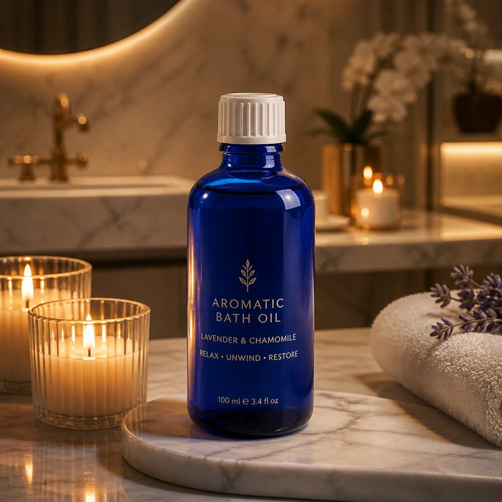 Lékárenská láhev modrá 50ml šroubovací uzávěr bílá standardní Blaues UV-Schutzglas 50ml Flasche mit weißem Verschluss für Badezusätze und Pflegeöle