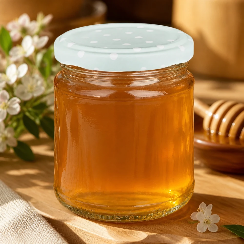 212ml kulatá sklenice + víčko BasicSeal tečky mátové UNiTWIST 212ml Rundglas mit Honig gefüllt, mint BasicSeal Deckel mit Punkten, Honigglas auf Holztisch mit Blüten