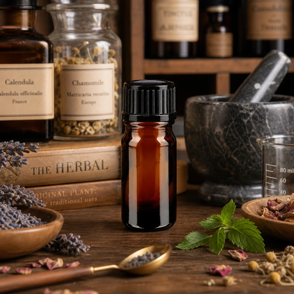 Bernsteinfarbene 5ml Apothekerflasche SV STD schwarz umgeben von getrockneten Heilkräutern