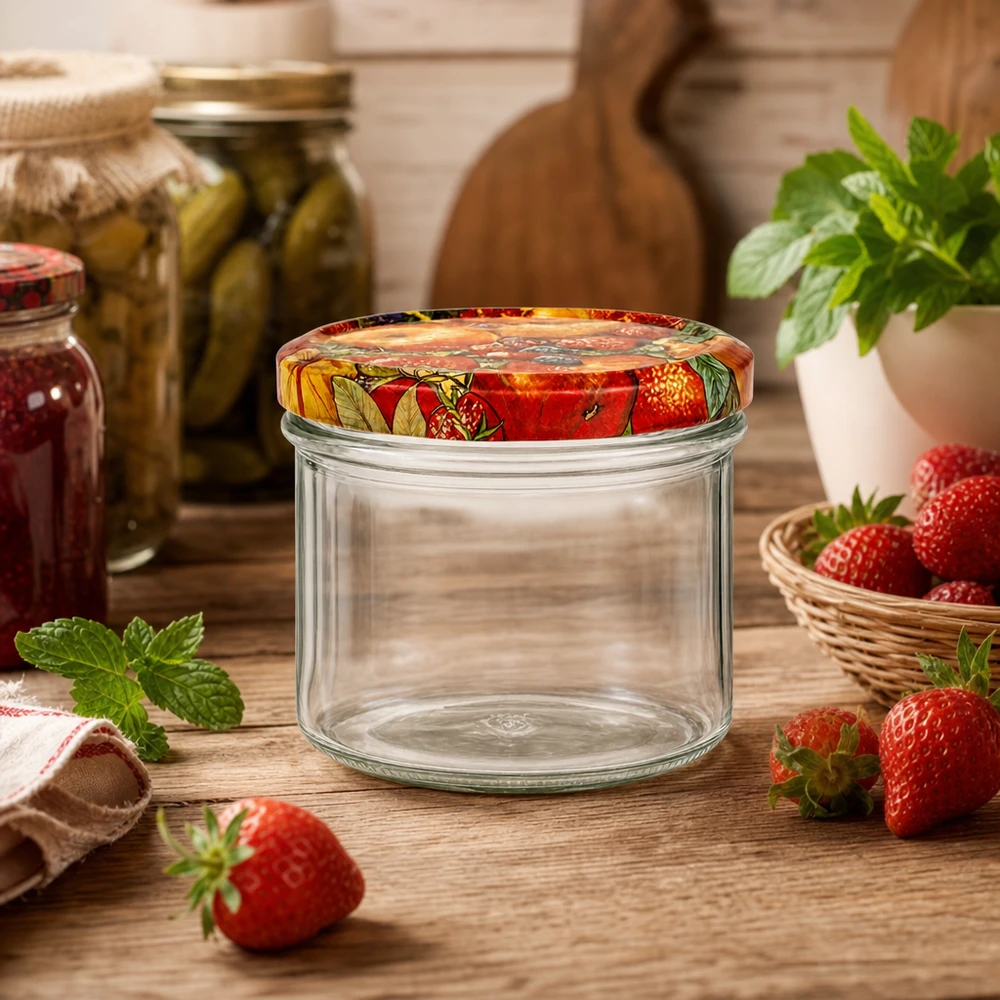 225ml kelímky + víčko BasicSeal s dekorem ovoce UNiTWIST 225ml Sturzglas Obst-Dekor inmitten frischer Erdbeeren und Minze, perfekt für selbstgemachte Erdbeermarmelade