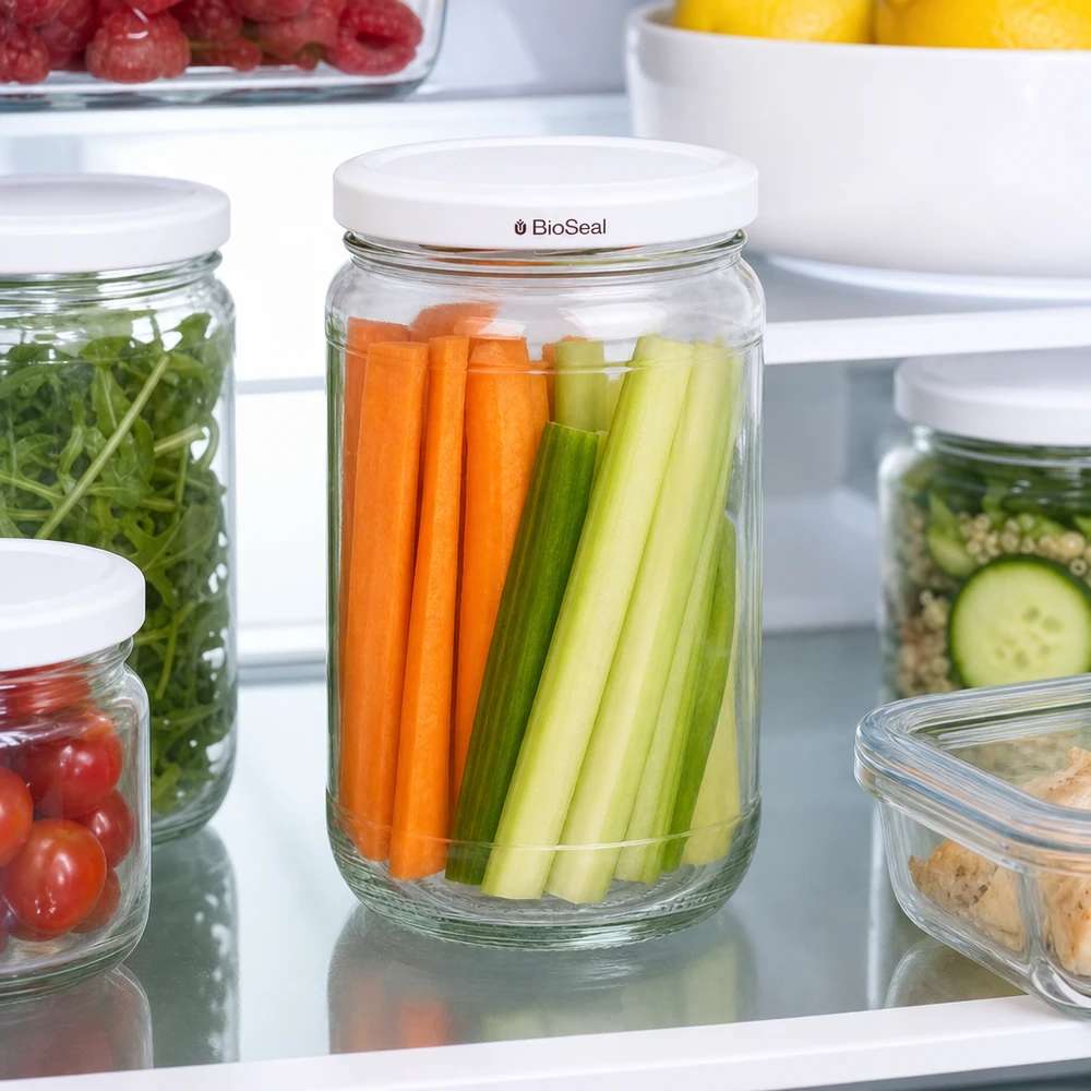 Kulatá sklenice o objemu 305 ml + víčko BioSeal bílé UNiTWIST UNiTWIST Runda305 im Kühlschrank mit frischen Karottensticks und Sellerie - optimale Gemüse-Frischhaltung dank BioSeal