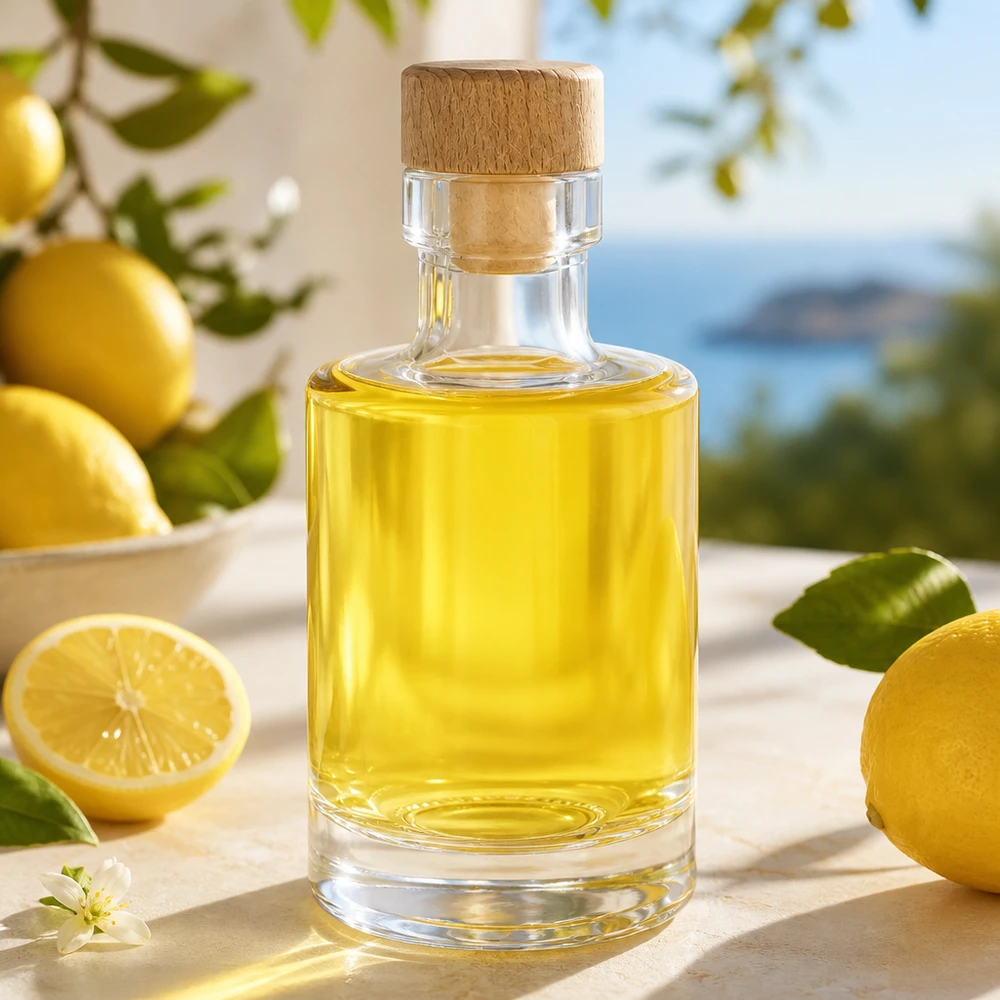 100ml Glasflasche Marie mit Holzkorken gefüllt mit Zitronenöl in sonniger Küche mit frischen Zitronen und Zitrusblättern