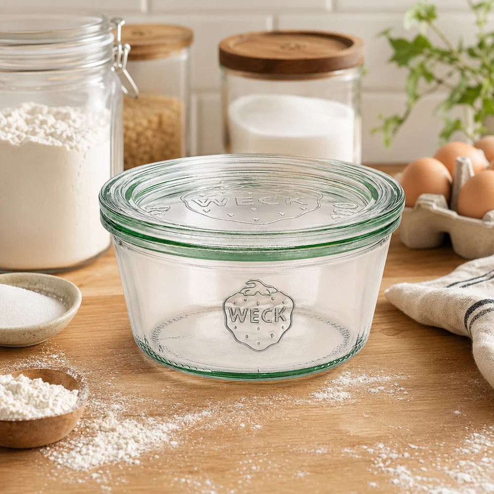 290ml nízká zavařovací sklenice WECK RR100 se skleněným víčkem - dřevěné víčko. WECK Sturzglas 290ml RR100 in Küche mit Mehl Eiern und Vorratsgläsern als Backzubehör und Aufbewahrungslösung