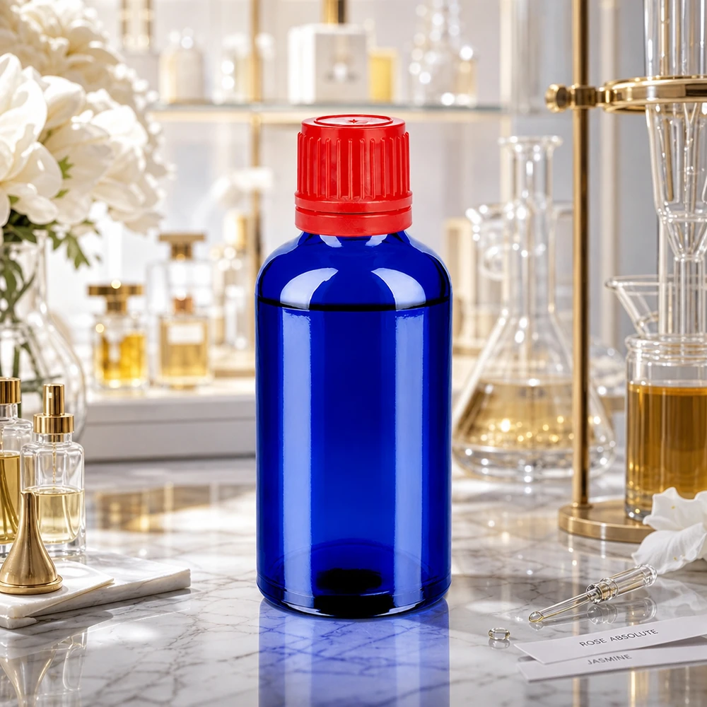 50ml láhev 11mm šroubovací uzávěr červený tamper-evidentní uzávěr BlueLine UT18/50 Vielseitige 50ml Medizinflasche blau rot für Pharmazie SV 11mm OV BlueLine UT18/50