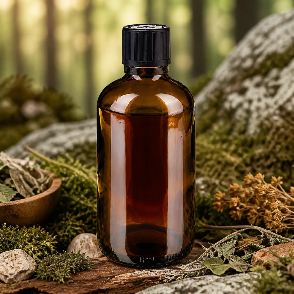 Lékárenská láhev hnědá 100ml kapací uzávěr Premium 1mm černý Dětem odolný výstražný symbol proti manipulaci Uzávěr proti manipulaci. Dunkle Apothekerflasche 100ml mit Tropfverschluss auf Baumrinde mit grünem Moos und Naturkräutern