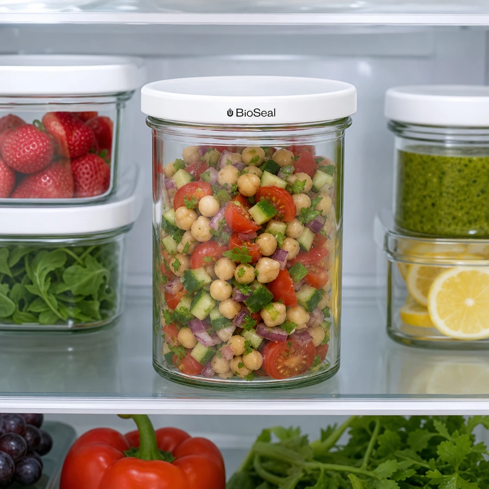UNiTWIST Sturzglas 435ml im Kühlschrank mit Kichererbsensalat gefüllt zeigt praktische Aufbewahrung von Meal Prep