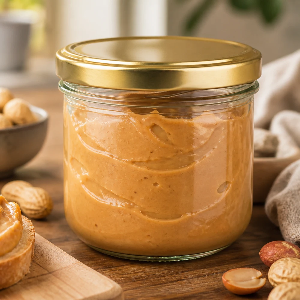 260ml Sturzglas mit Erdnussbutter befüllt BasicSeal Deckel gold UNiTWIST umgeben von Nüssen auf Holzbrett