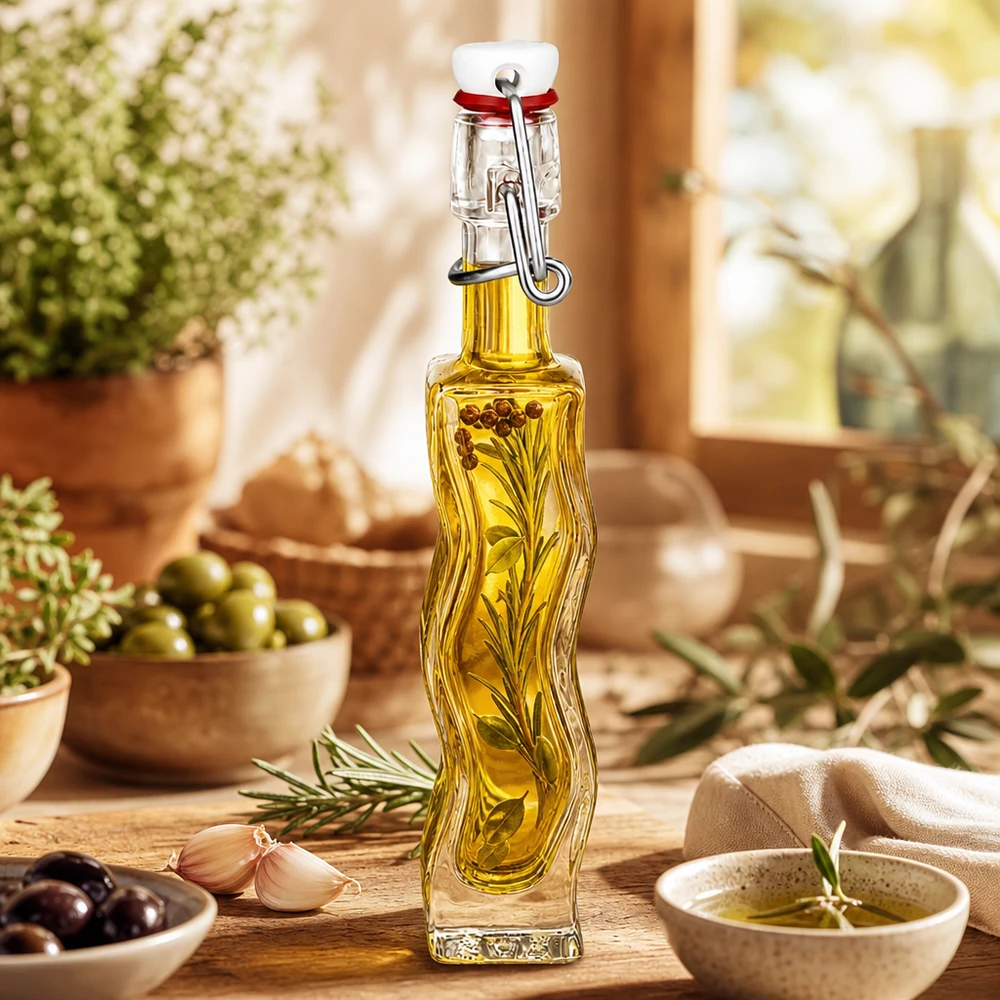 40ml Glasflasche Anna mit Kräuteröl gefüllt, mediterrane Dekoration mit Oliven und Rosmarin auf Holztisch