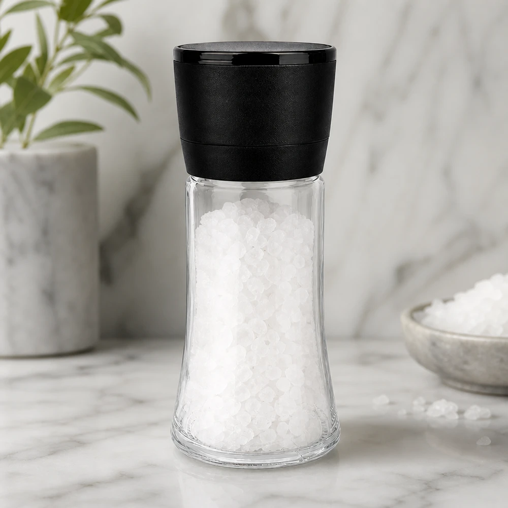 Dóza na sůl/koření 95 ml s mlýnkem Vario černá Kompakte Salzmühle Vario 95ml in Trichterform mit schwarzem Deckel auf weißer Marmorfläche