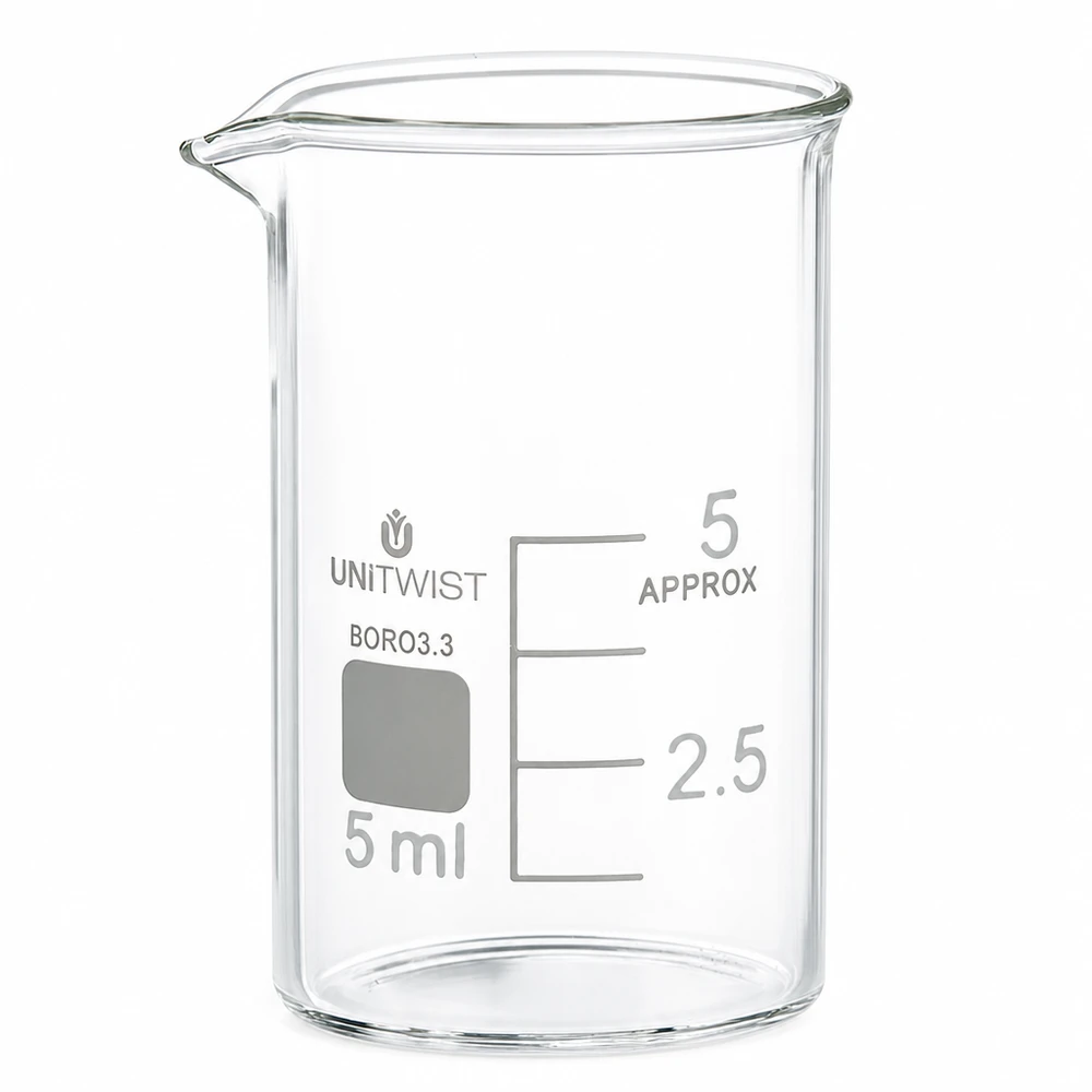 Kádinka 5ml borosilikátová, nízký tvar UNiTWIST Transparentes Messbecherglas 5ml Borosilikat niedrige Form mit weißer Skala und Ausguss