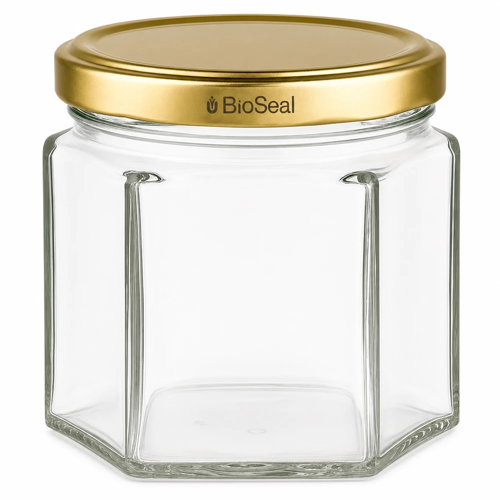 Šestihranná sklenice o objemu 47 ml se zlatým víčkem UNiTWIST BioSeal. Sechseckiges Glasgefäß UNiTWIST Hexa47 mit goldenem TO43 BioSeal Deckel für Konservierung und Aufbewahrung