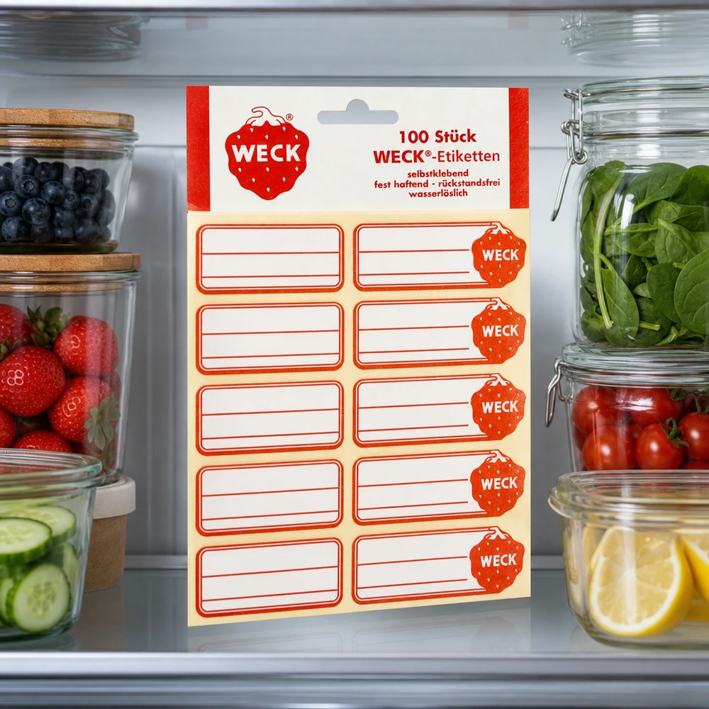 WECK Etiketten im Kühlschrank zwischen Vorratsgläsern mit Obst Gemüse zeigen praktische Küchen-Organisation