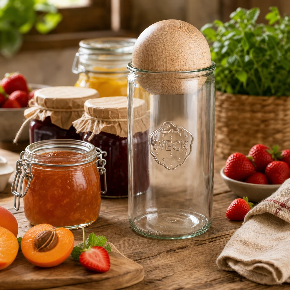 WECK Glas 1590ml RR100 mit Buchenholzkugel in der Küche zwischen Marmeladen, frischen Früchten und Kräutern