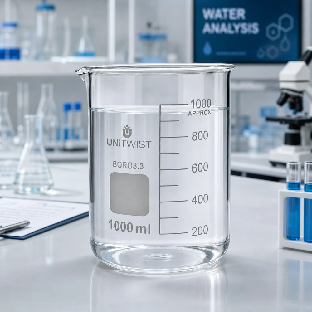 Kádinka 1000 ml borosilikátová, nízká forma UNiTWIST UNiTWIST Laborglas 1000ml Borosilikat niedrige Form mit Skala 200 bis 1000ml