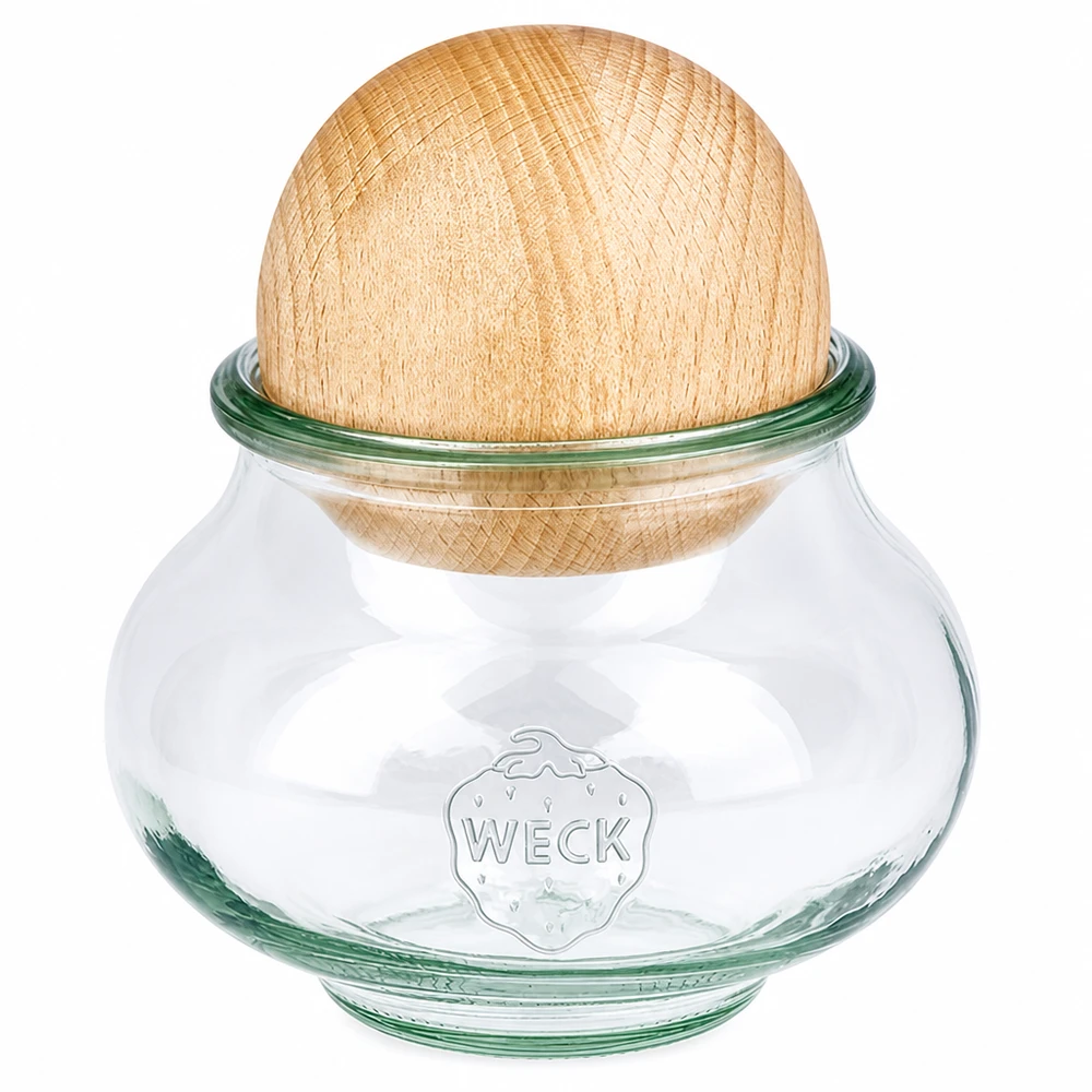 WECK Schmuckglas 560ml RR80 mit Buchenkugel Deckel aus Holz Vorratsglas mit Korkdichtung transparent