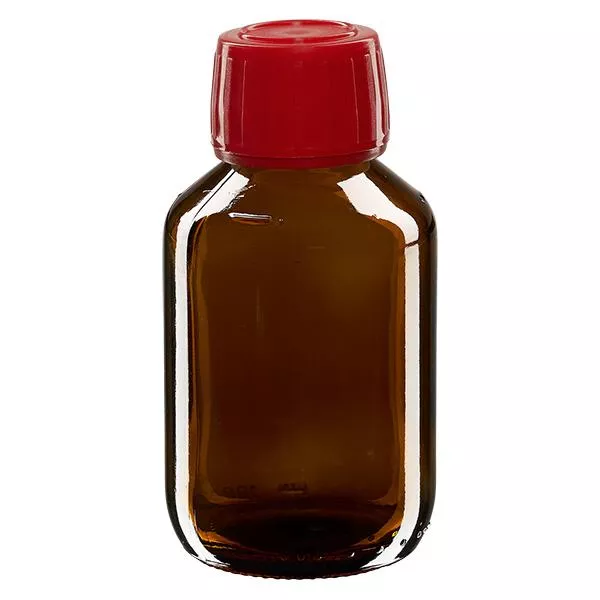 100ml lahvička na léky hnědá, červený uzávěr s tamper-evidentním kroužkem ApoGlas