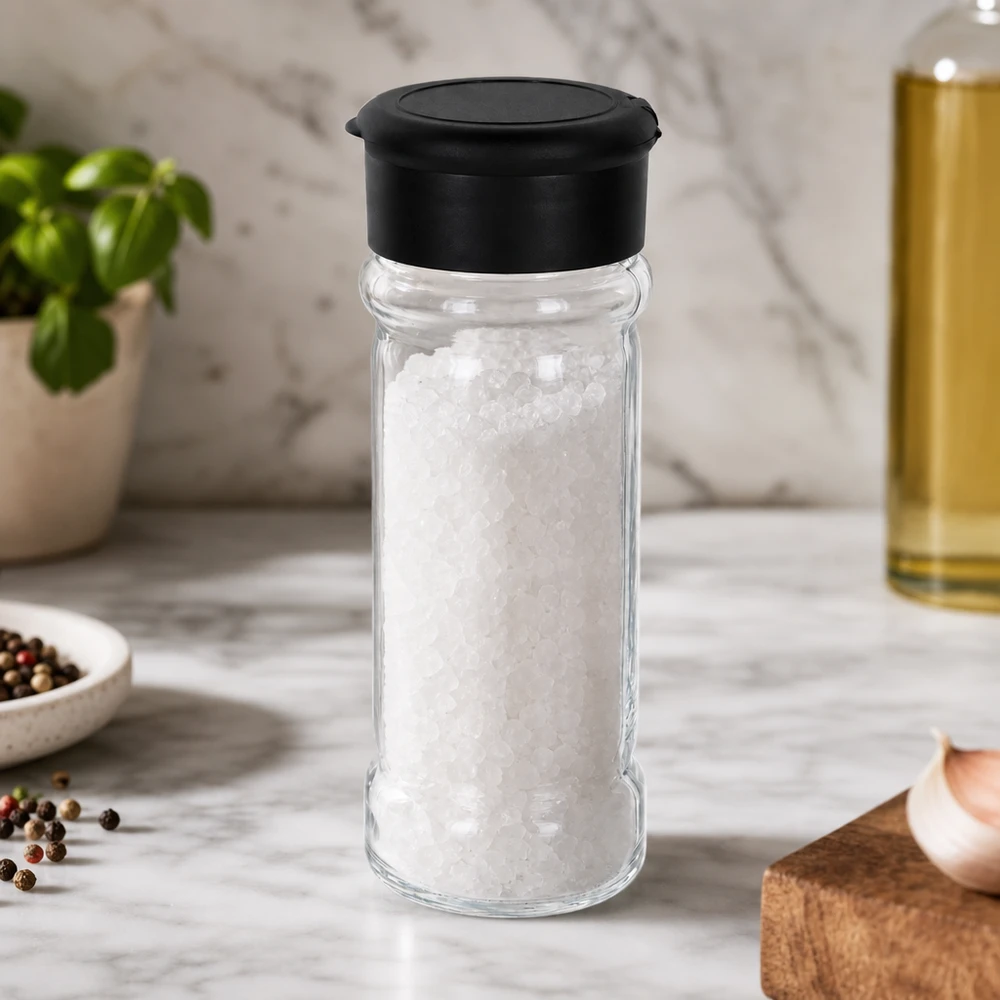 Dóza na sůl/koření 100ml s mlýnkem Vario černá Gewürzglas 100ml mit grobkörnigem Salz befüllt und schwarzem Flip-Top-Streuer