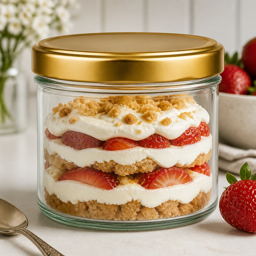 230ml Zylinderglas mit goldenem BasicSeal Deckel als schickes Dessertglas für geschichtetes Erdbeer-Trifle Nachtisch