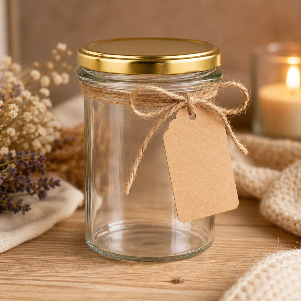 230ml tumblery s víčkem BasicSeal zlaté UNiTWIST. 230ml Sturzglas mit goldenem BasicSeal Deckel UNiTWIST dekorativ mit Juteschnur und Papieranhänger als Geschenkidee
