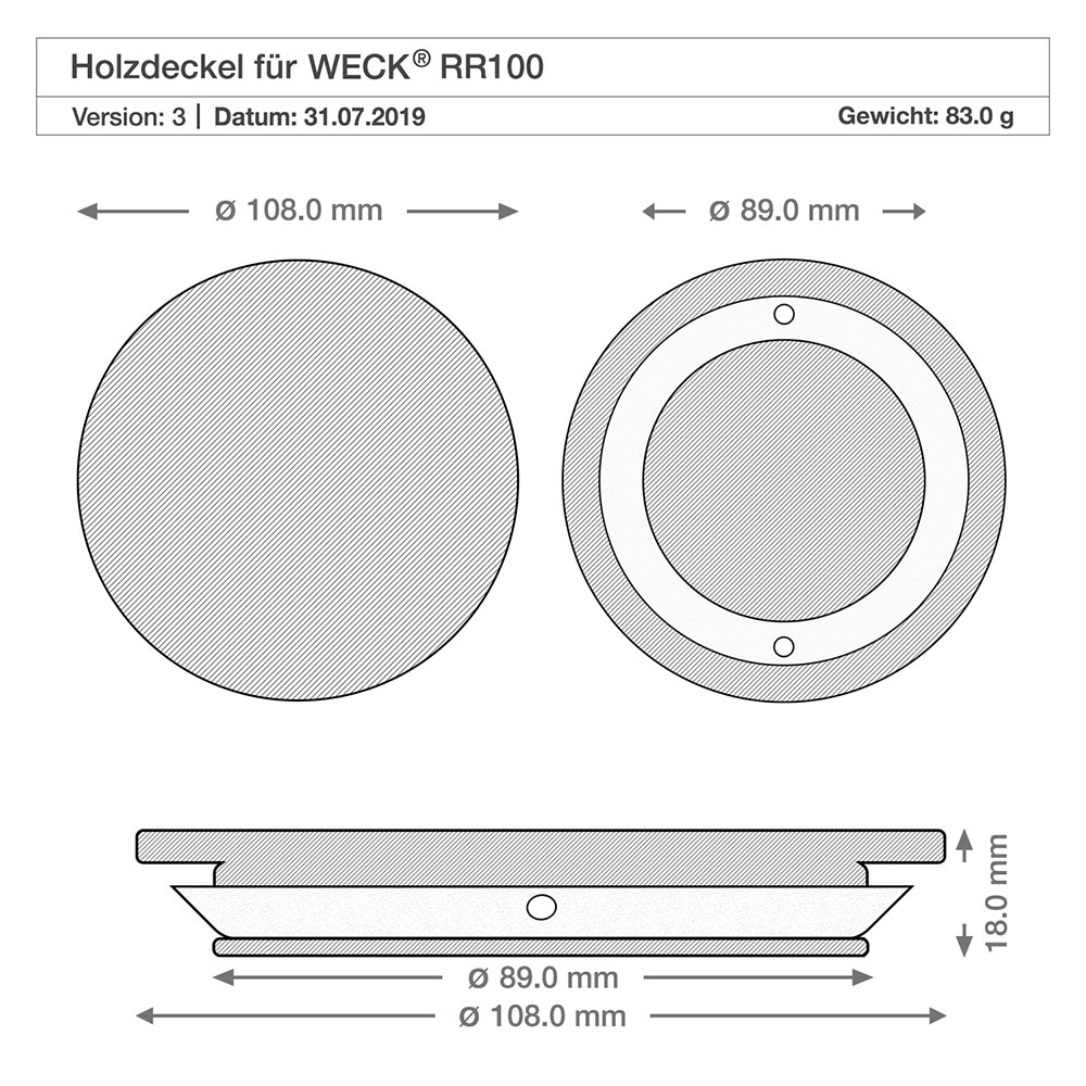 1500ml tumble nádoba WECK RR100 s dřevěným víkem buchta Technische Zeichnung Holzdeckel für WECK RR100 Glas mit Maßangaben 108mm 89mm 18mm Durchmesser Höhe Spezifikation