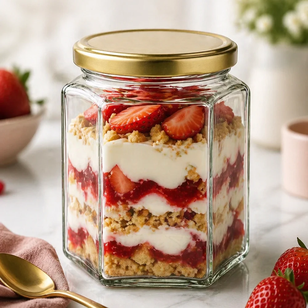 500g Honigglas BasicSeal UT als Dessertglas für Erdbeertrifle mit Sahne Kekskrümeln goldener Deckel sechseckig