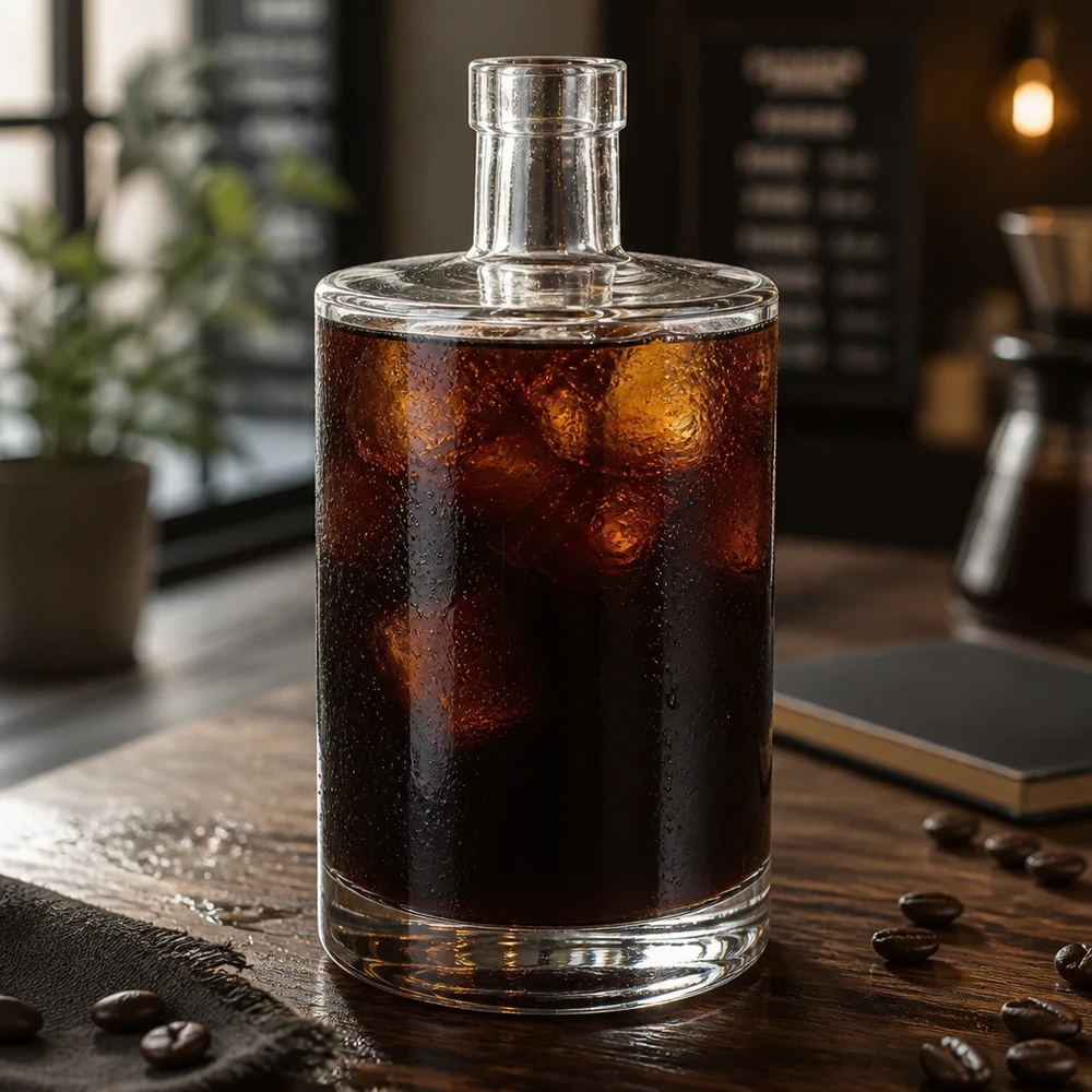 700ml Glasflasche Marie mit Cold Brew Kaffee und Eiswürfeln befüllt auf Holztisch mit Kaffeebohnen im Café