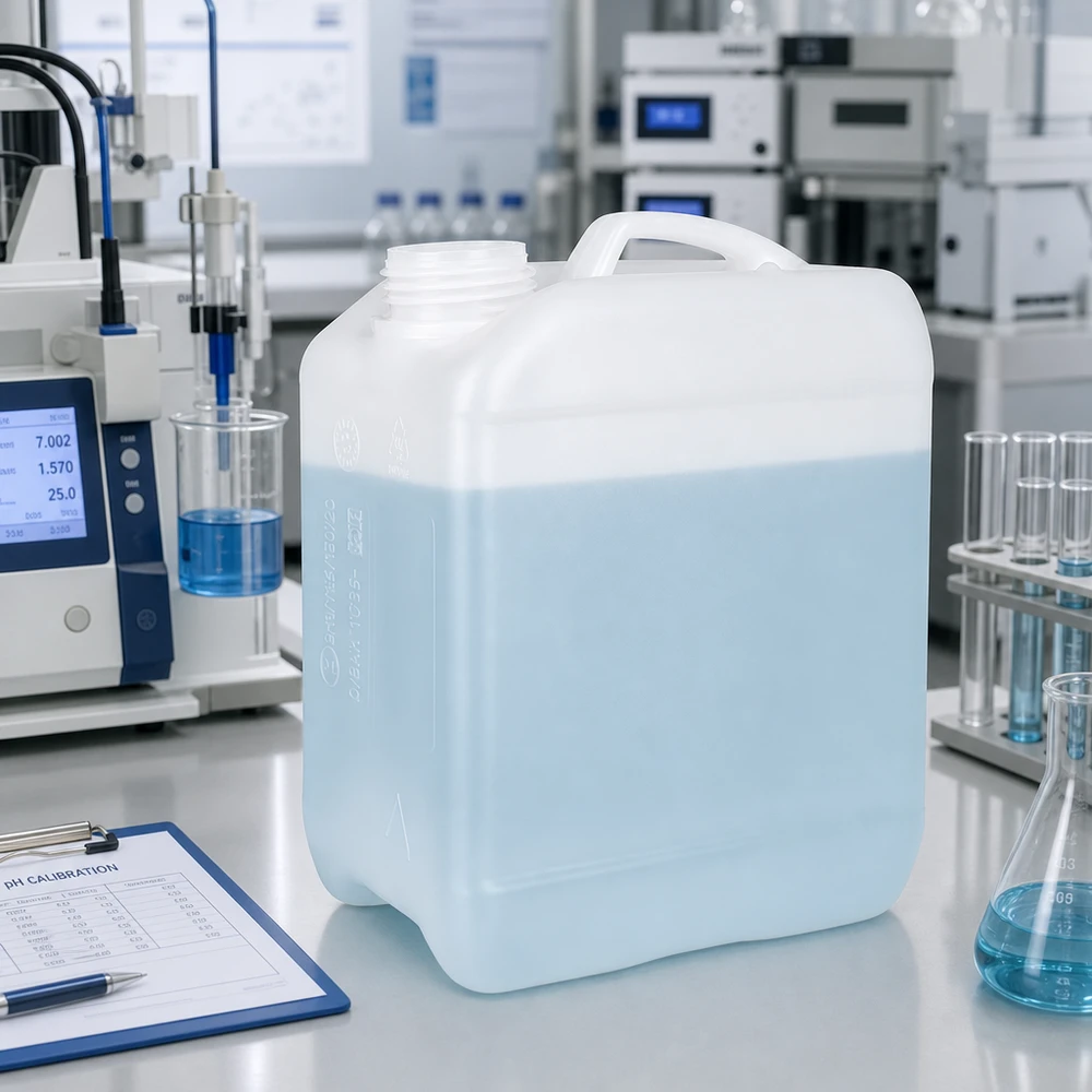 Kanystr 2,5 litru bez uzávěru Kompakter 2,5 Liter Flüssigkeitsbehälter aus weißem HDPE neben pH-Kalibrierungsdokument
