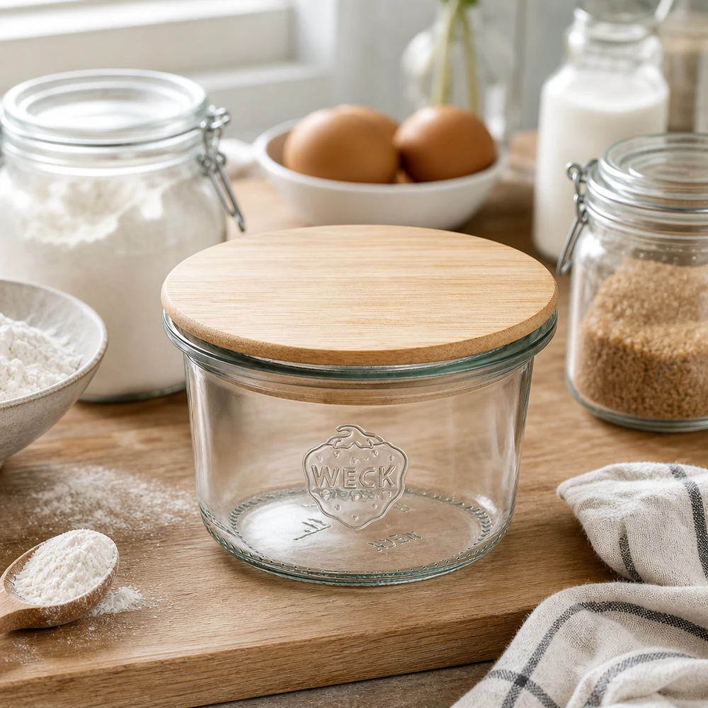 WECK Sturzglas 80ml RR60 mit Bambusdeckel auf Holzbrett umgeben von Backzutaten Mehl Eiern und Milch in moderner Küche