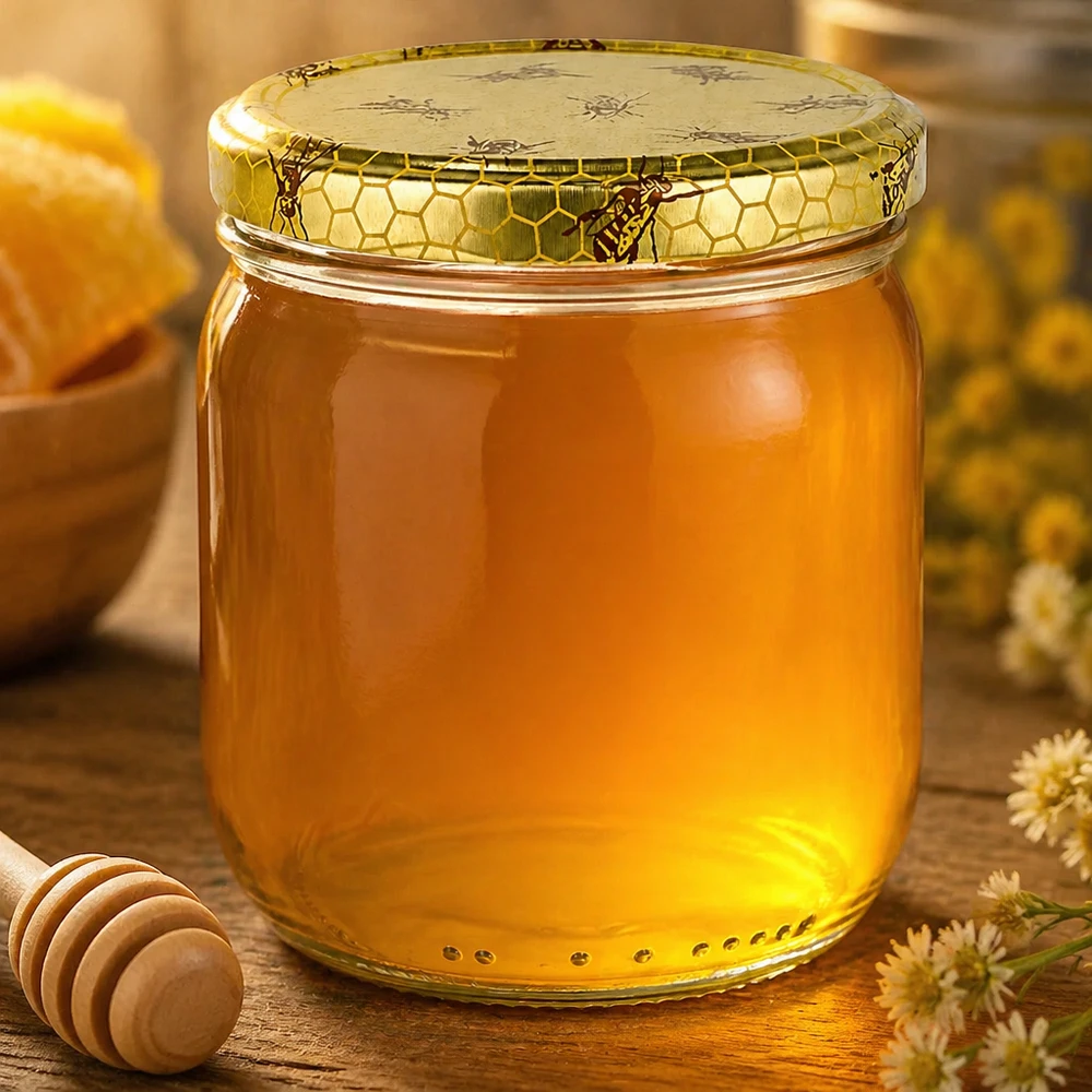 500g Honigglas mit Bienenwabe Deckel BasicSeal UNiTWIST 500g Honigglas mit goldenem Honig gefüllt neben Honiglöffel und Blüten auf rustikalem Holztisch arrangiert