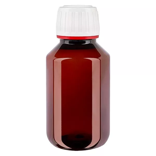 PET láhev 100 ml s bílým/červeným uzávěrem s ochranou proti manipulaci PET láhev 100 ml s bílým/červeným uzávěrem s ochranou proti manipulaci