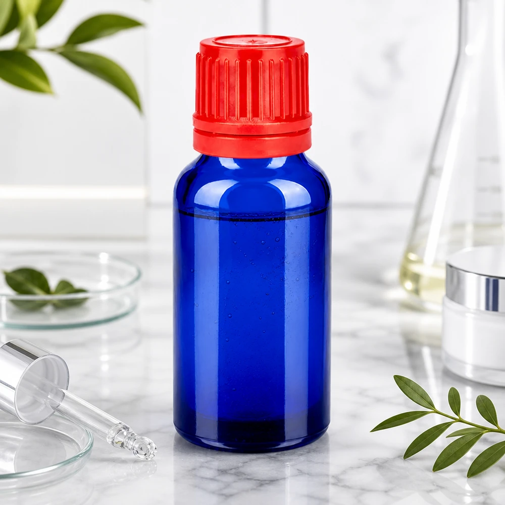 20ml láhev 11mm šroubovací uzávěr červený tamper-evidentní uzávěr BlueLine UT18/20 20ml SV-Flasche in Blau für sichere Lagerung von Essenzen und Konzentraten