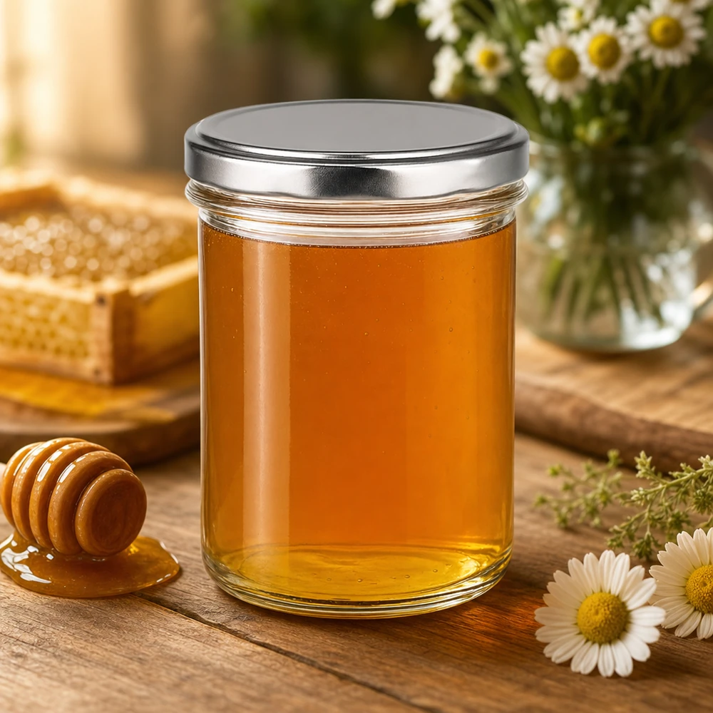 350ml Sturzglas mit BasicSeal Deckel silber gefüllt mit Honig neben Honiglöffel und Kamillenblüten Honigglas