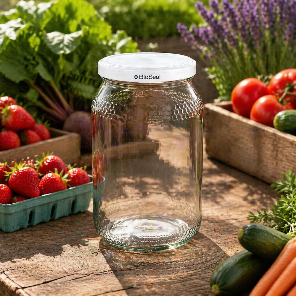 1260g Honigglas + BioSeal Deckel weiß UNiTWIST 900ml Honigglas mit BioSeal Deckel im Garten zwischen frischen Erdbeeren Tomaten und Kräutern als Einmachglas