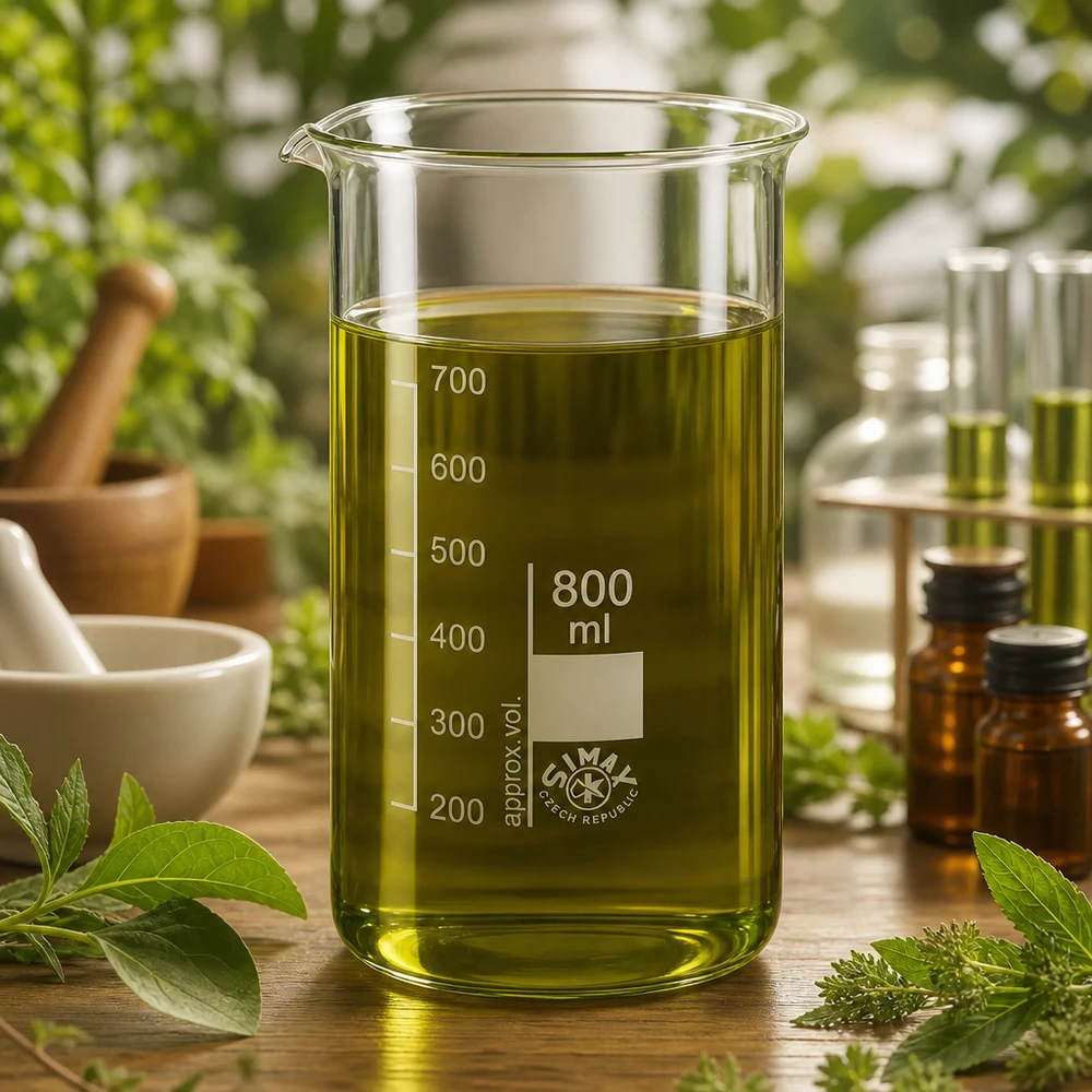 Kádinka 800ml z borosilikátového skla, vysoký tvar Zylindrisches Becherglas 800ml hohe Form mit Ausguss neben Braunglasfläschchen und Reagenzgläsern