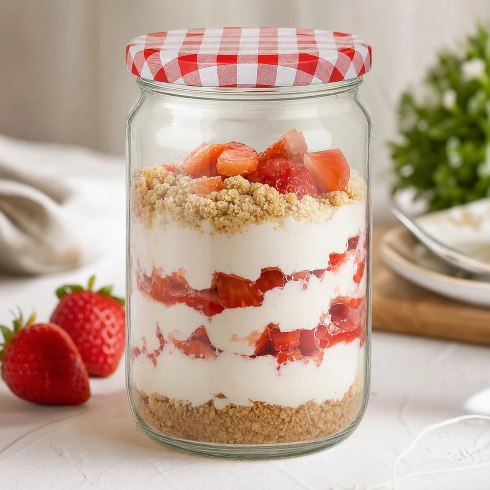 795ml kulatá sklenice s víčkem BasicSeal červená/bílá UNiTWIST 795ml Rundglas mit BasicSeal Deckel als Dessertglas mit Erdbeeren, Sahne und Streuseln, perfekt für süße Nachspeisen
