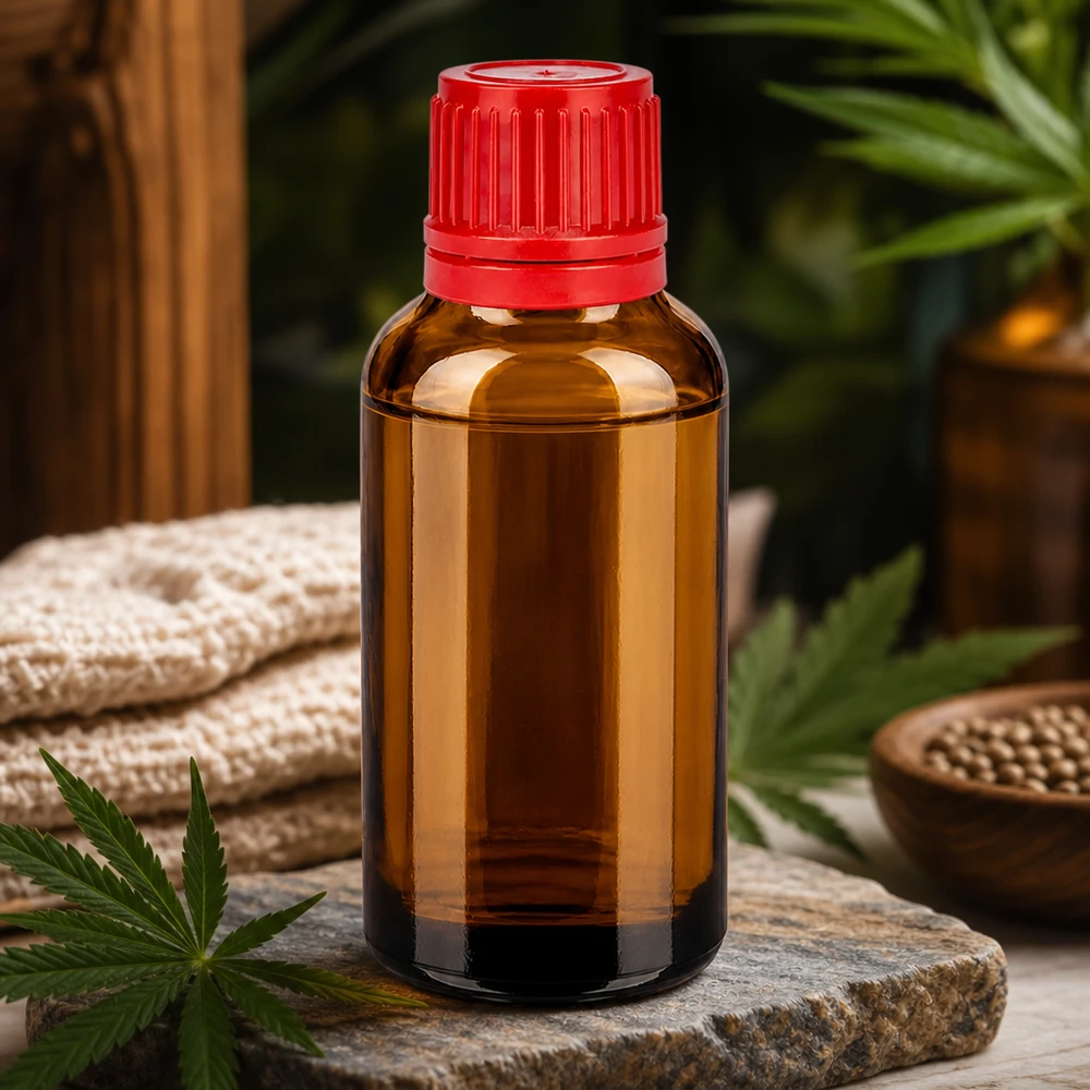 30ml braune Apothekerflasche mit dichtem roten Verschluss für sichere Aufbewahrung von Ölen