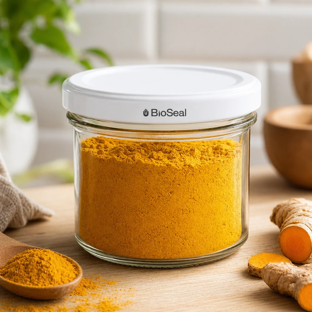 Tumbler o objemu 125 ml s bílým víčkem BioSeal UNiTWIST UNiTWIST Sturzglas 125ml Gewürz Aufbewahrung Kurkuma Pulver Küchenszene TO66 BioSeal Deckel weiß Glas