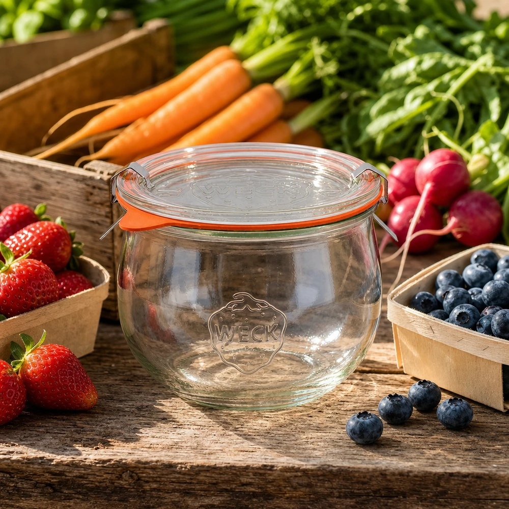580ml tulipánová sklenice kompletní WECK RR100 WECK Tulpenglas 580ml RR100 umgeben von frischem Obst und Gemüse auf Holztisch perfekt für natürliche Konservierung