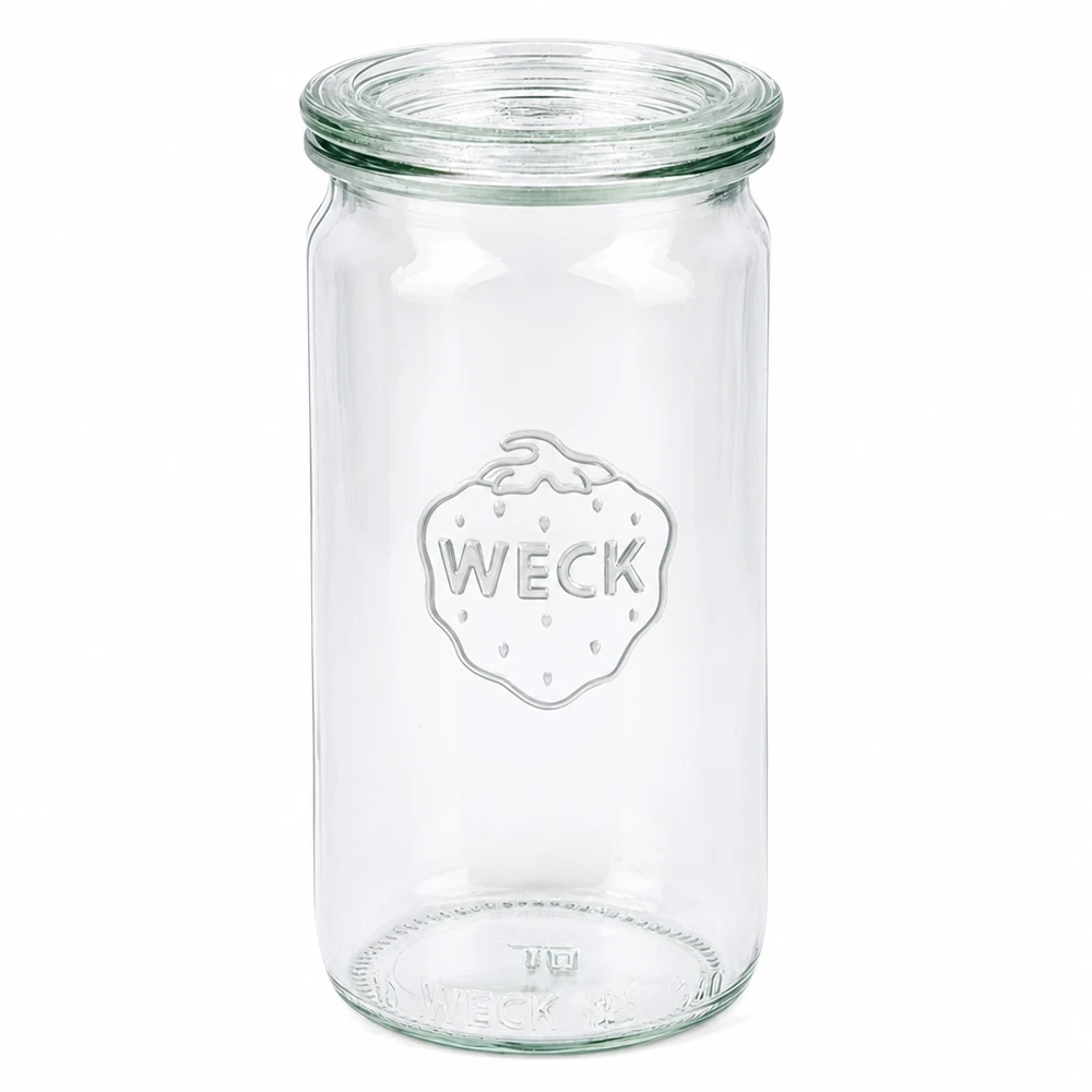 340ml cylindrická dóza se skleněným víčkem WECK RR60 WECK Zylinderglas 340ml mit Glasdeckel RR60 Einmachglas transparent leer auf weißem Hintergrund
