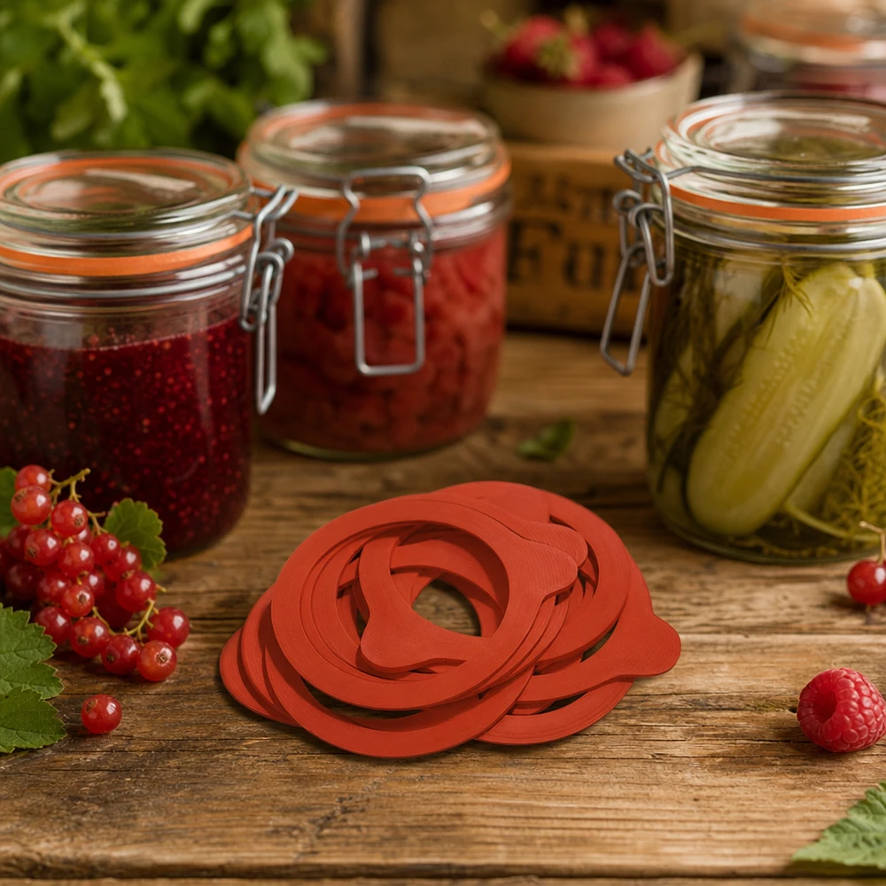 Einkochringe RR60 aus Naturgummi in der Küche mit gefüllten Einmachgläsern und frischen Beeren auf Holztisch