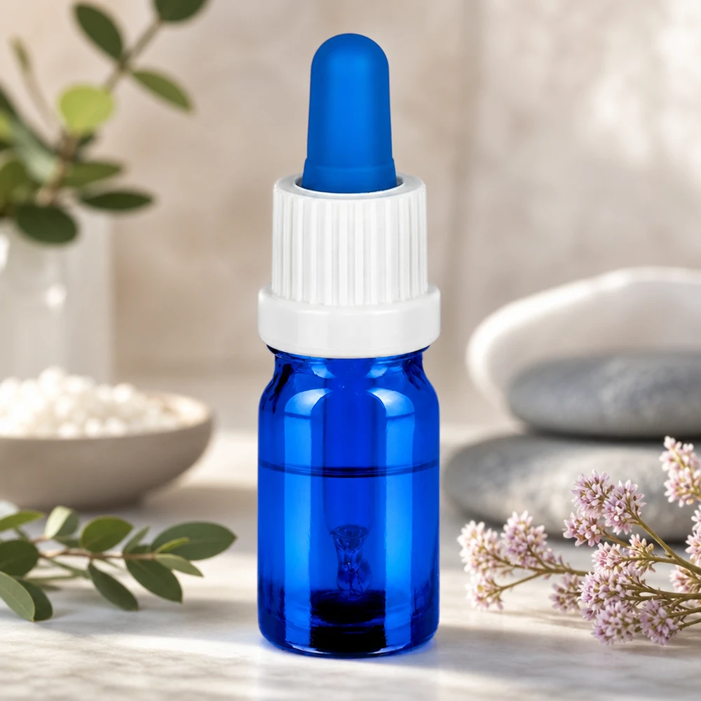 5ml pipetovací lahvička bílá/modrý uzávěr s ochranou proti manipulaci BlueLine UT18/5 Stilvolle 5ml Glasflasche mit Pipette in Blau-Weiß für hochwertige ätherische Öle und Tinkturen