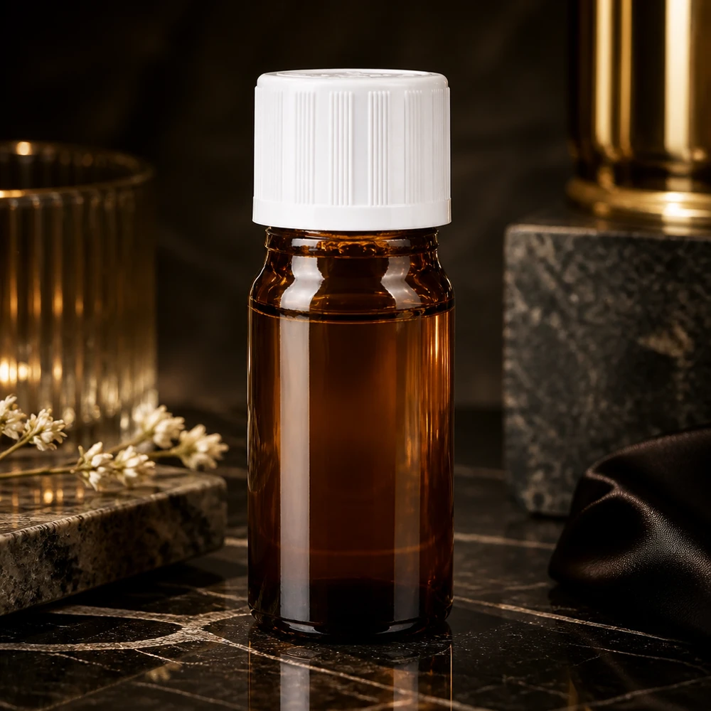 Lékárenská láhev hnědá 5ml kapátko uzávěr bílý standardní odolný proti otevření dětmi. Kompakte 5ml Braunglasflasche mit weißem KiSi-Deckel neben goldenen Dekorationsgegenständen